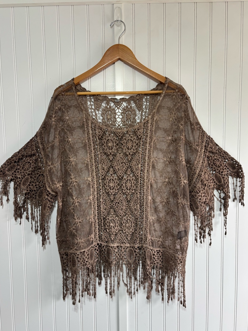 Boho Brown Crochet Lace Fringe Pullover Top Linen Blend Sheer Blouse Approx L/XL